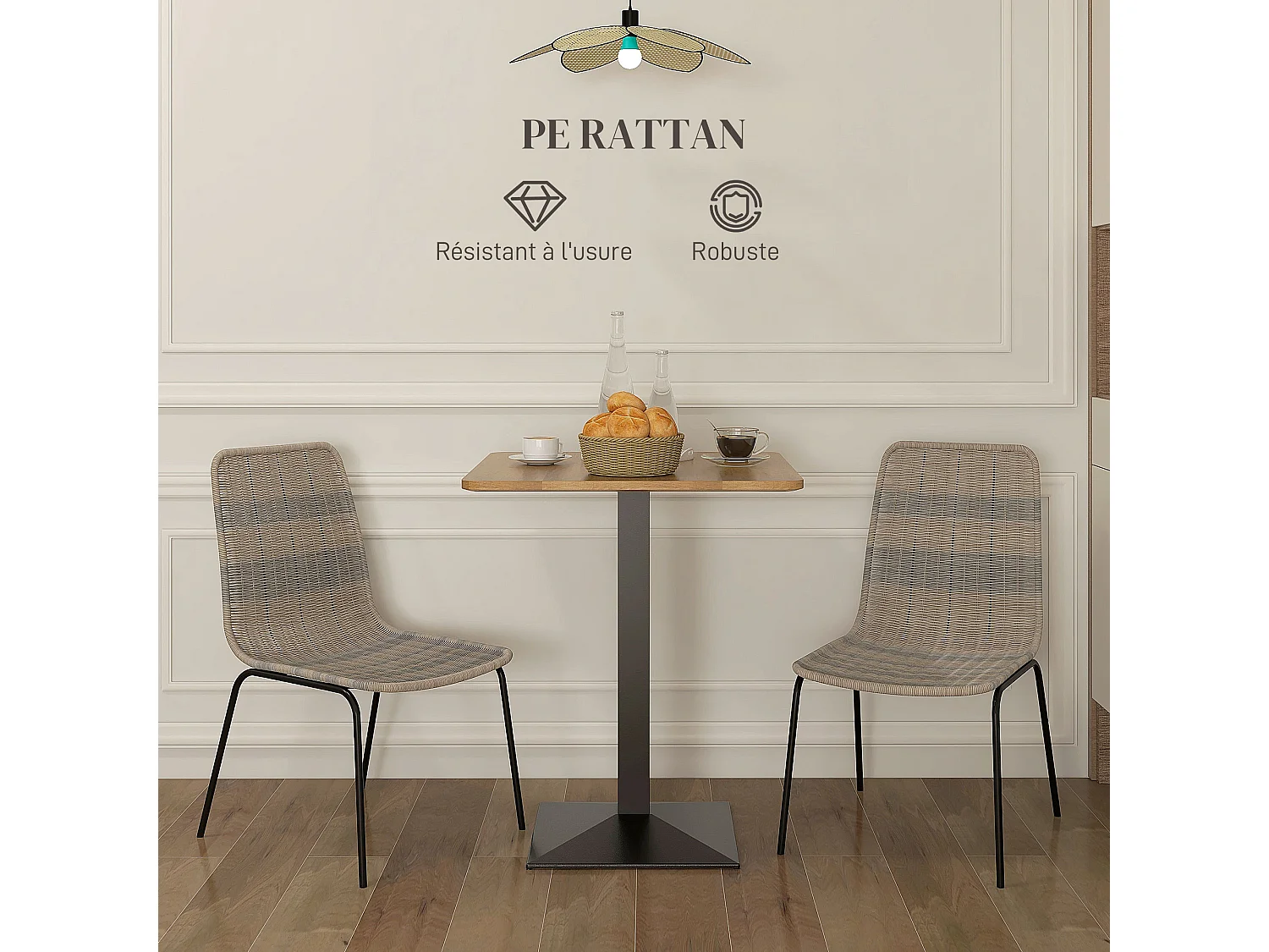 Lot de 2 chaises salle à manger style cosy piètement acier noir résine tressée aspect rotin