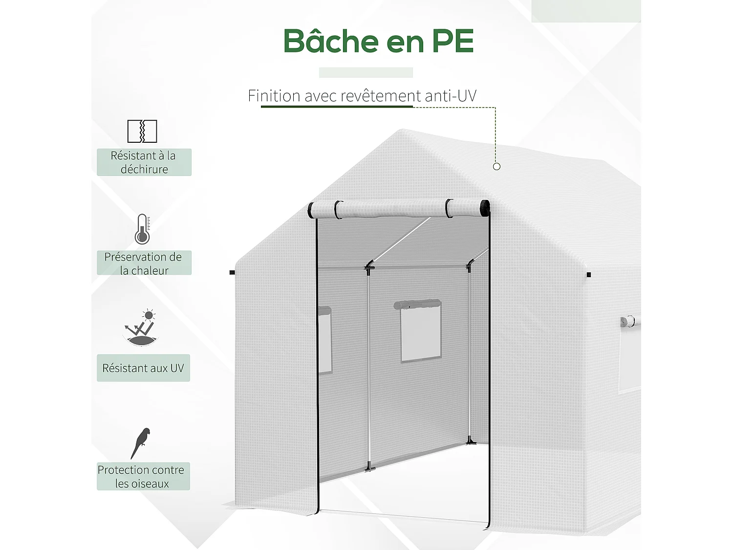 Serre de jardin tunnel 6 m² porte 4 fenêtres acier galvanisé PE blanc