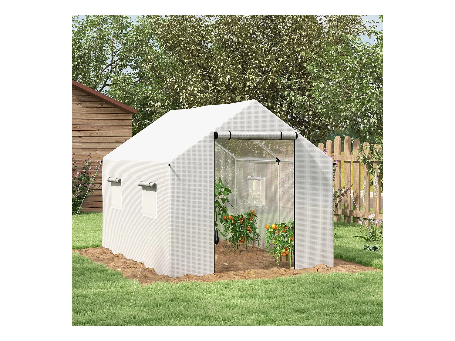 Serre de jardin tunnel 6 m² porte 4 fenêtres acier galvanisé PE blanc