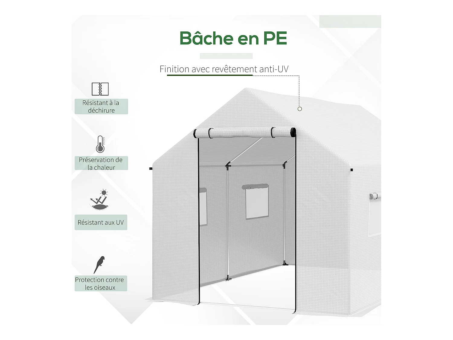 Serre de jardin tunnel 6 m² porte 4 fenêtres acier galvanisé PE blanc