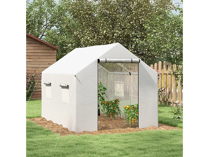 Serre de jardin tunnel 6 m² porte 4 fenêtres acier galvanisé PE blanc