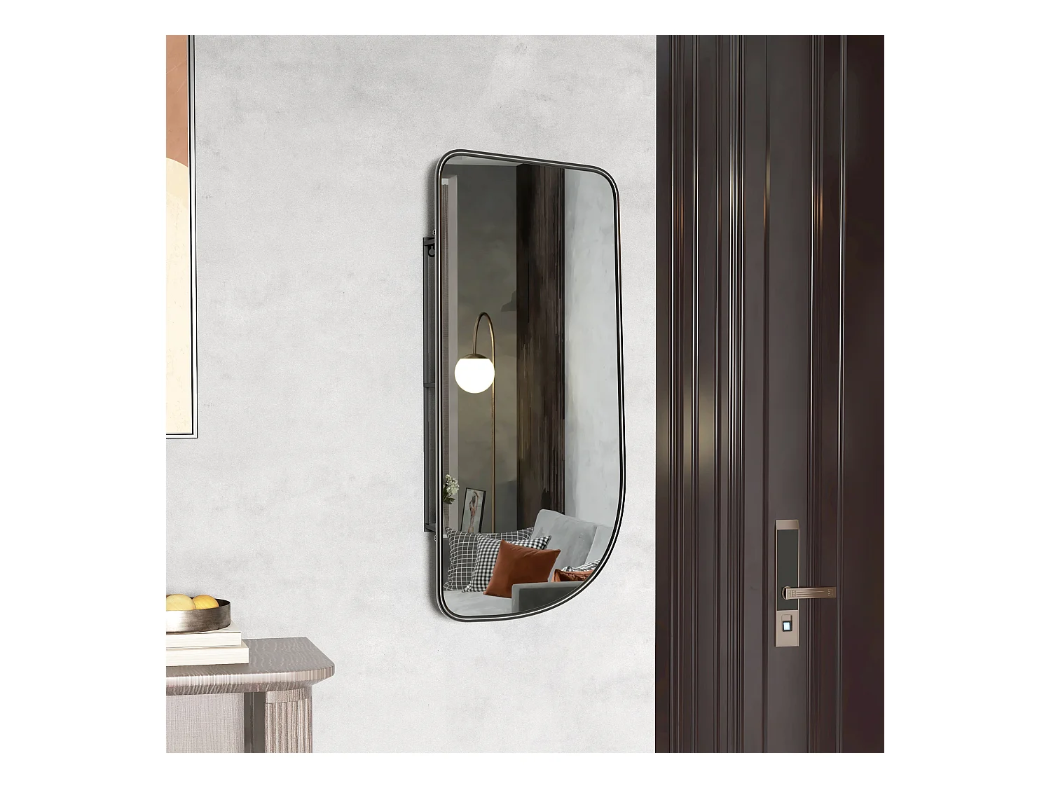 Miroir mural forme organique dim. 40L x 86H cm - 3 étagères - cadre métal noir