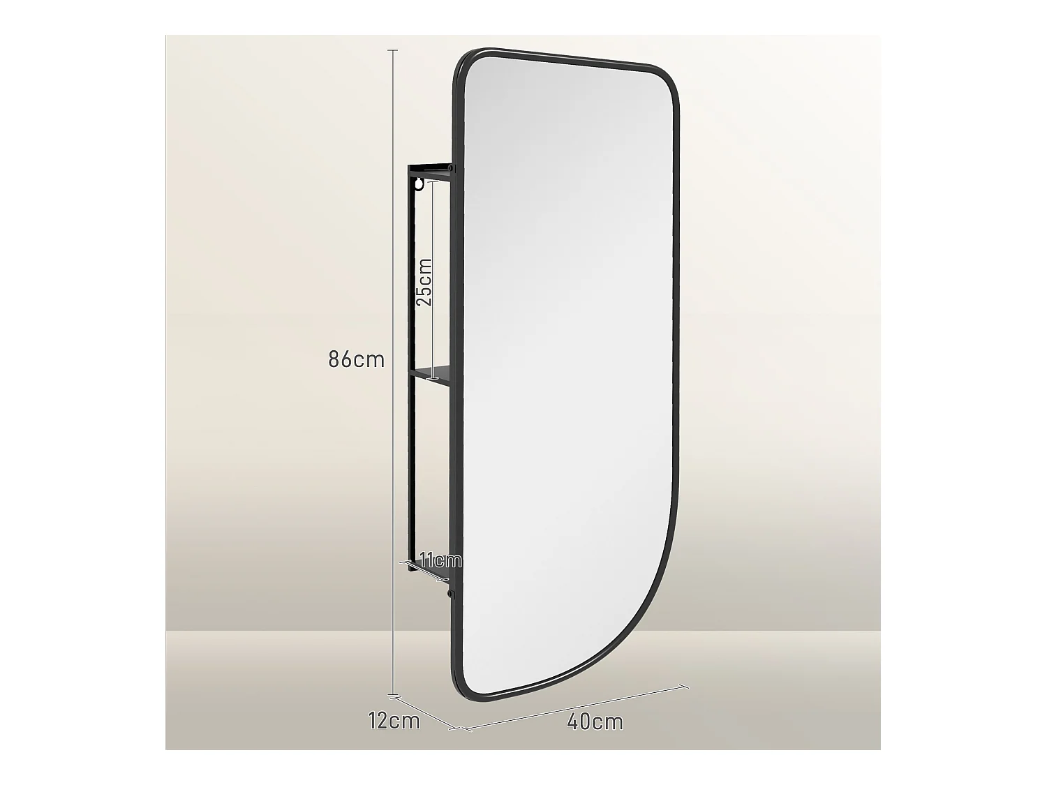 Miroir mural forme organique dim. 40L x 86H cm - 3 étagères - cadre métal noir