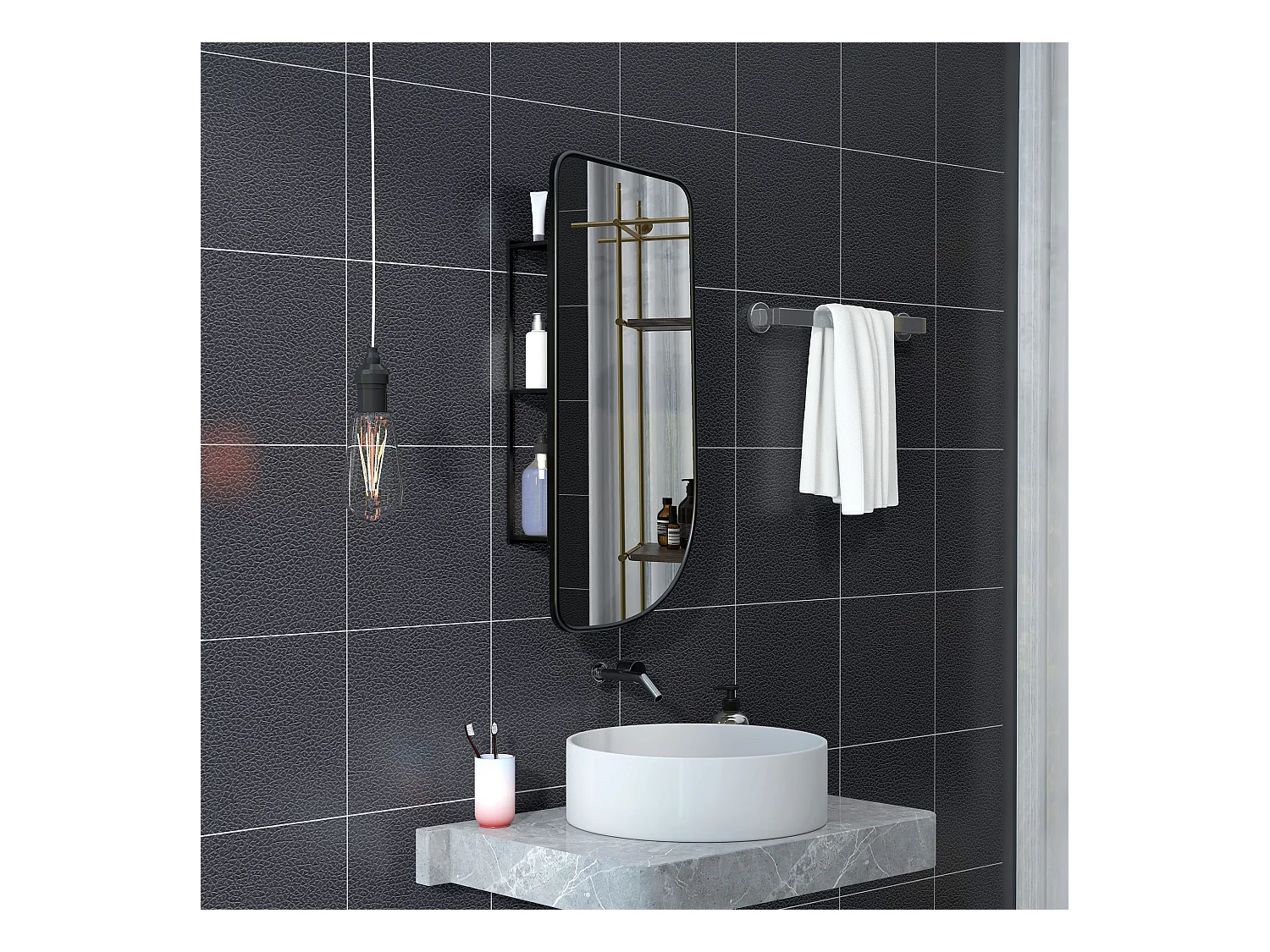 Miroir mural forme organique dim. 40L x 86H cm - 3 étagères - cadre métal noir