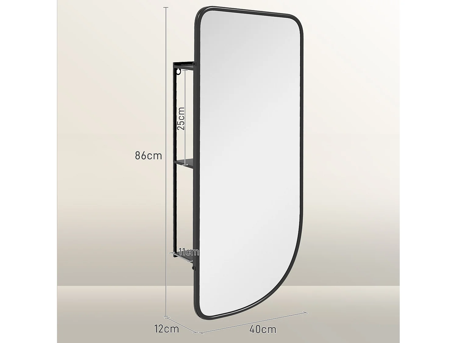 Miroir mural forme organique dim. 40L x 86H cm - 3 étagères - cadre métal noir