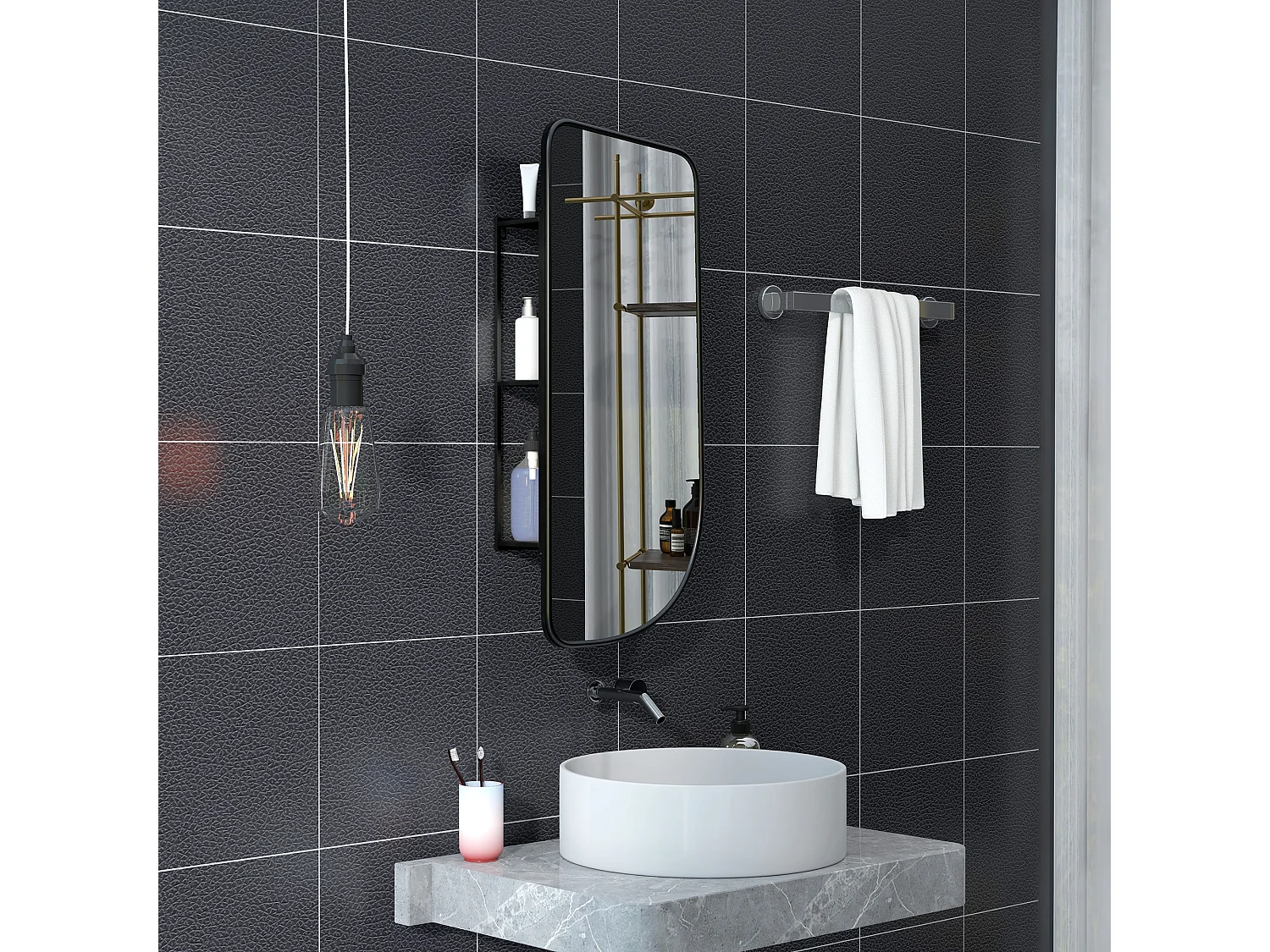 Miroir mural forme organique dim. 40L x 86H cm - 3 étagères - cadre métal noir