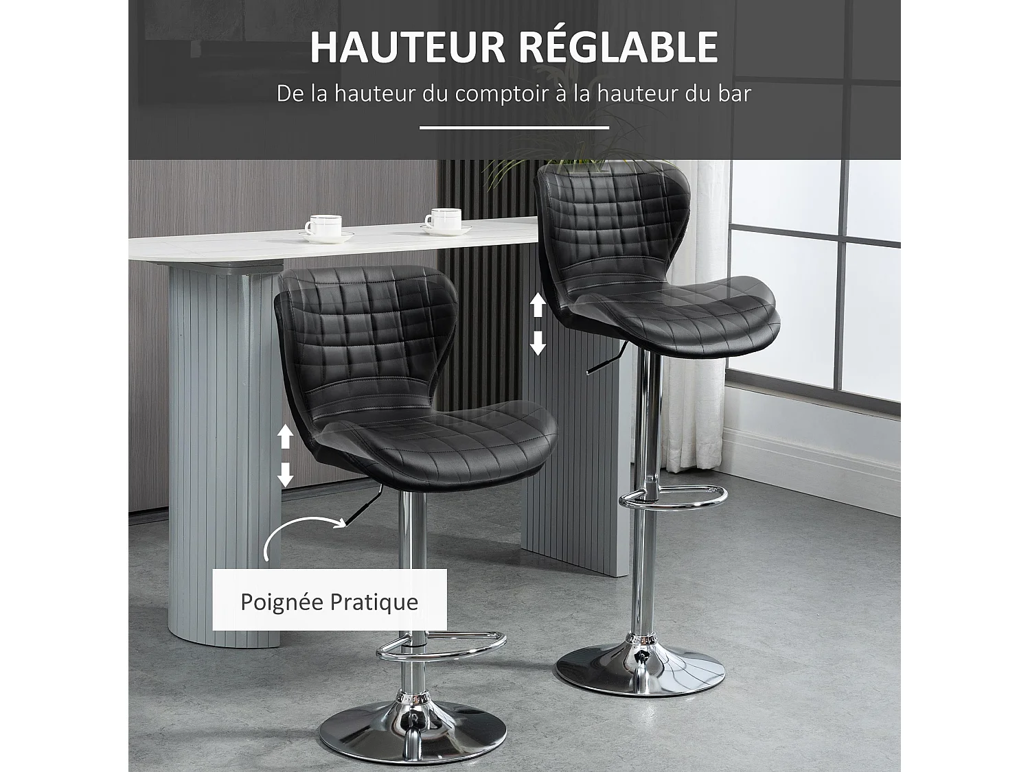 Lot de 2 tabourets de bar design contemporain hauteur d'assise réglable 59-81 cm pivotant 360° PU noir