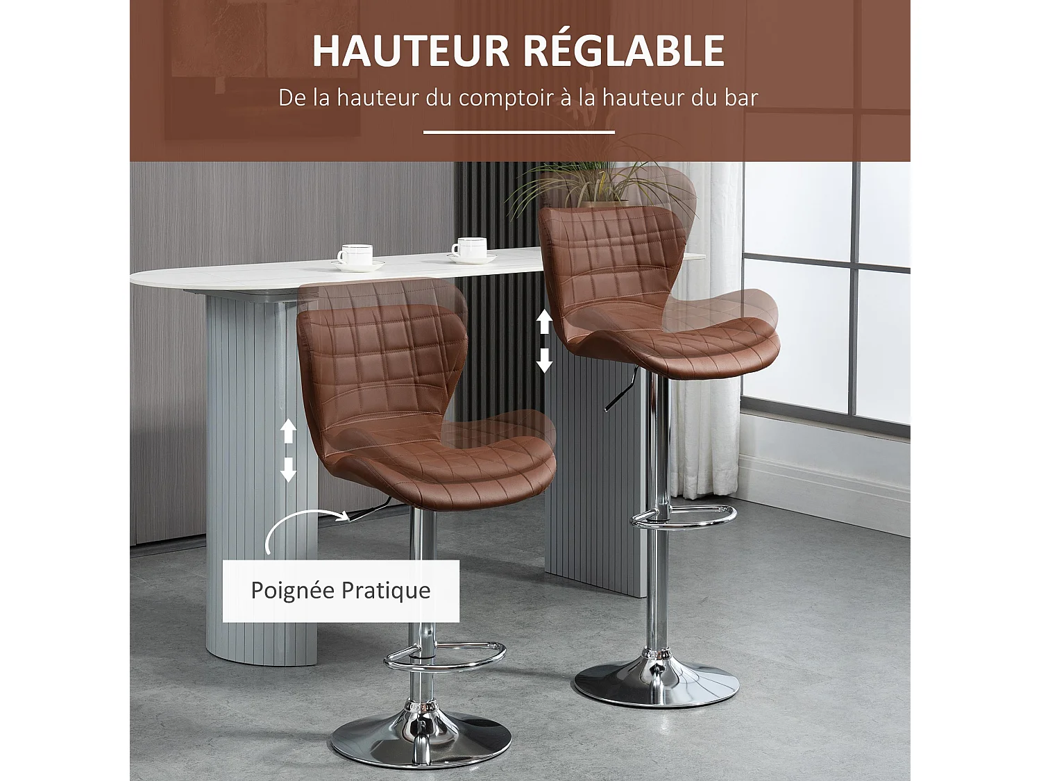 Lot de 2 tabourets de bar design contemporain hauteur d'assise réglable 59-81 cm pivotant 360° PU marron