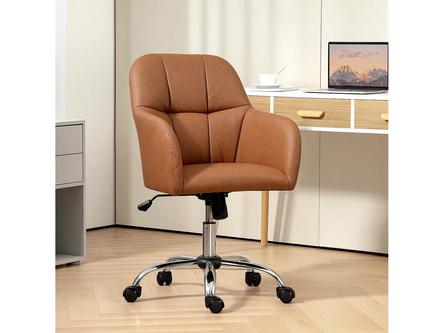 Chaise de bureau manager ergonomique style Chesterfield métal chromé synthétique camel