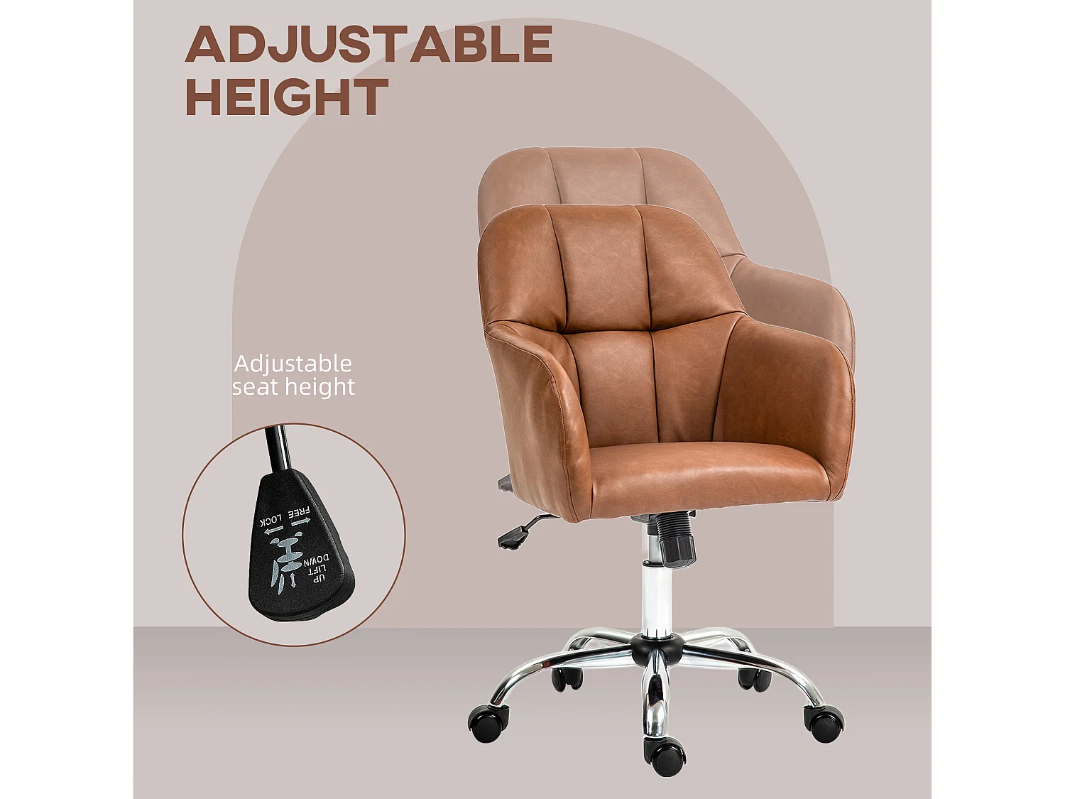 Chaise de bureau manager ergonomique style Chesterfield métal chromé synthétique camel