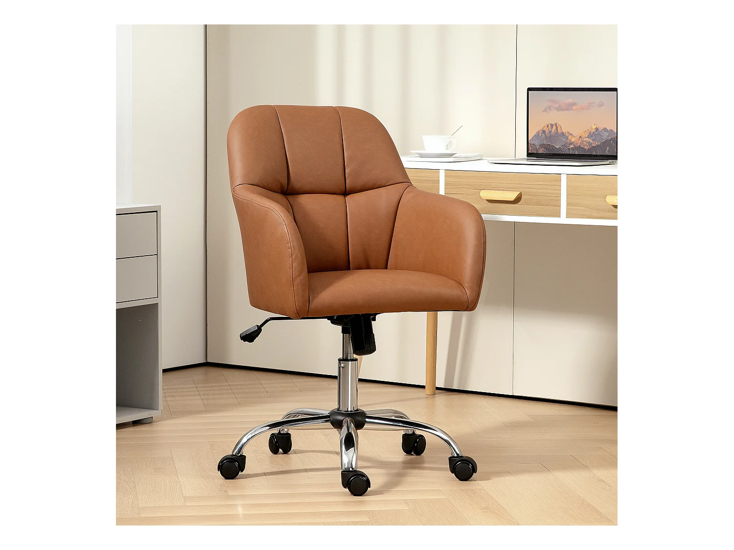 Chaise de bureau manager ergonomique style Chesterfield métal chromé synthétique camel