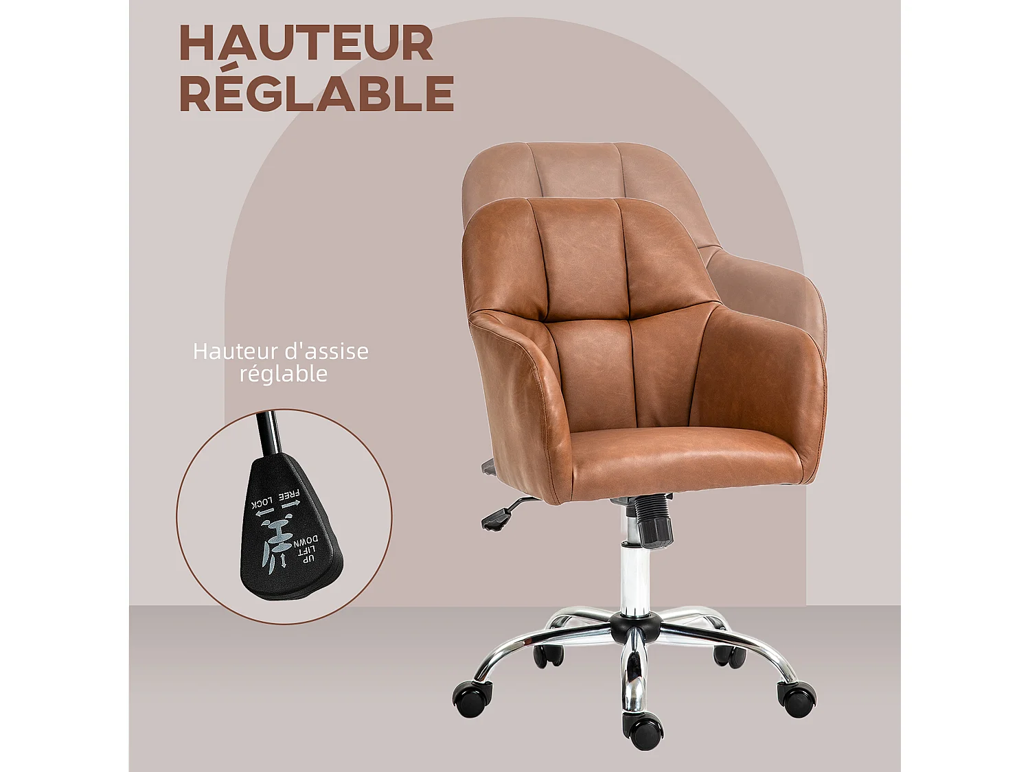 Chaise de bureau manager ergonomique style Chesterfield métal chromé synthétique camel