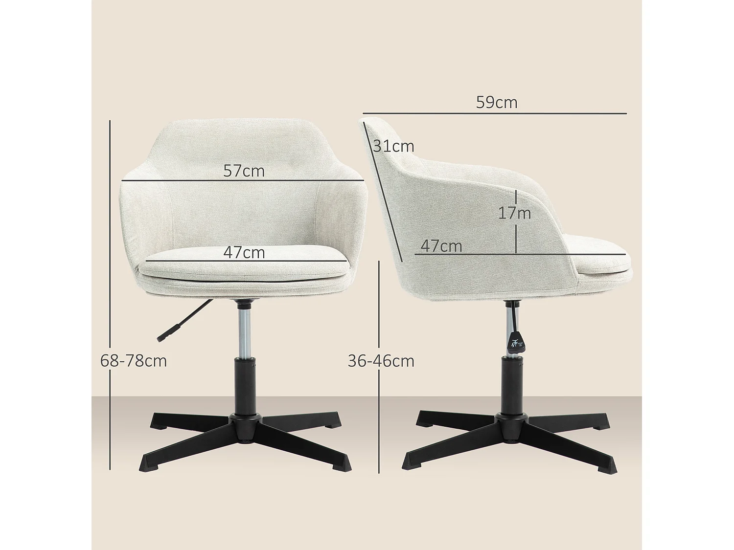 Chaise de bureau enveloppante design - piètement acier noir tissu toucher lin beige