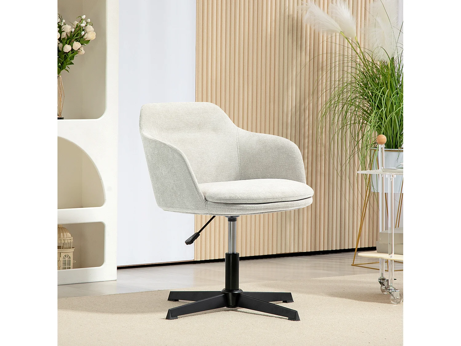 Chaise de bureau enveloppante design - piètement acier noir tissu toucher lin beige