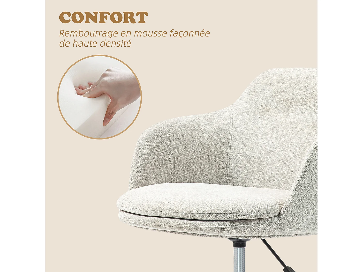 Chaise de bureau enveloppante design - piètement acier noir tissu toucher lin beige
