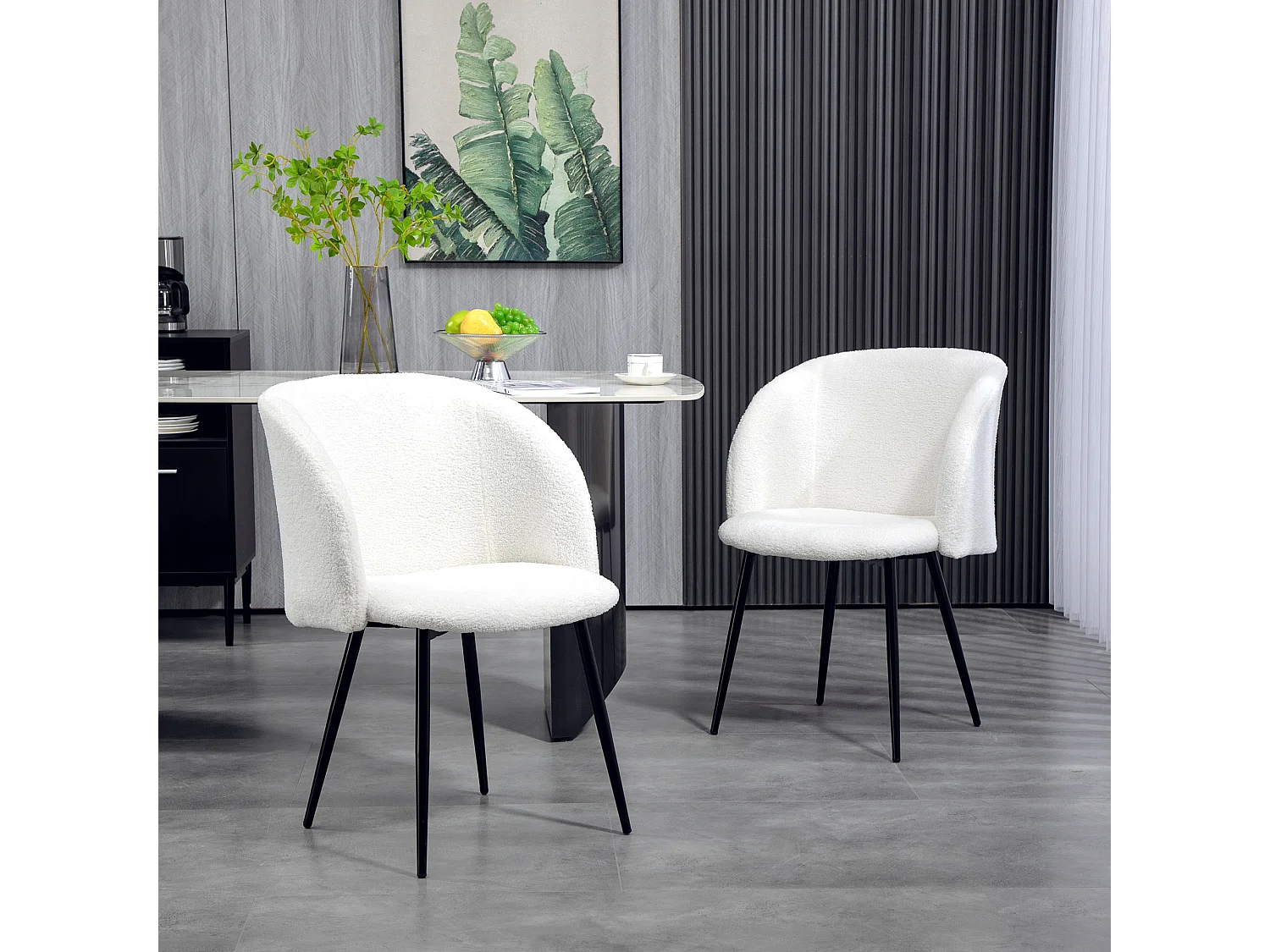 Chaises de visiteur design - lot de 2 chaises - piètement incliné effilé acier noir - revêtement effet laine bouclée blanc