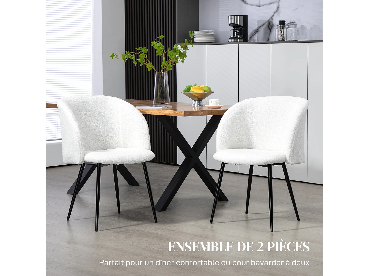 Chaises de visiteur design - lot de 2 chaises - piètement incliné effilé acier noir - revêtement effet laine bouclée blanc