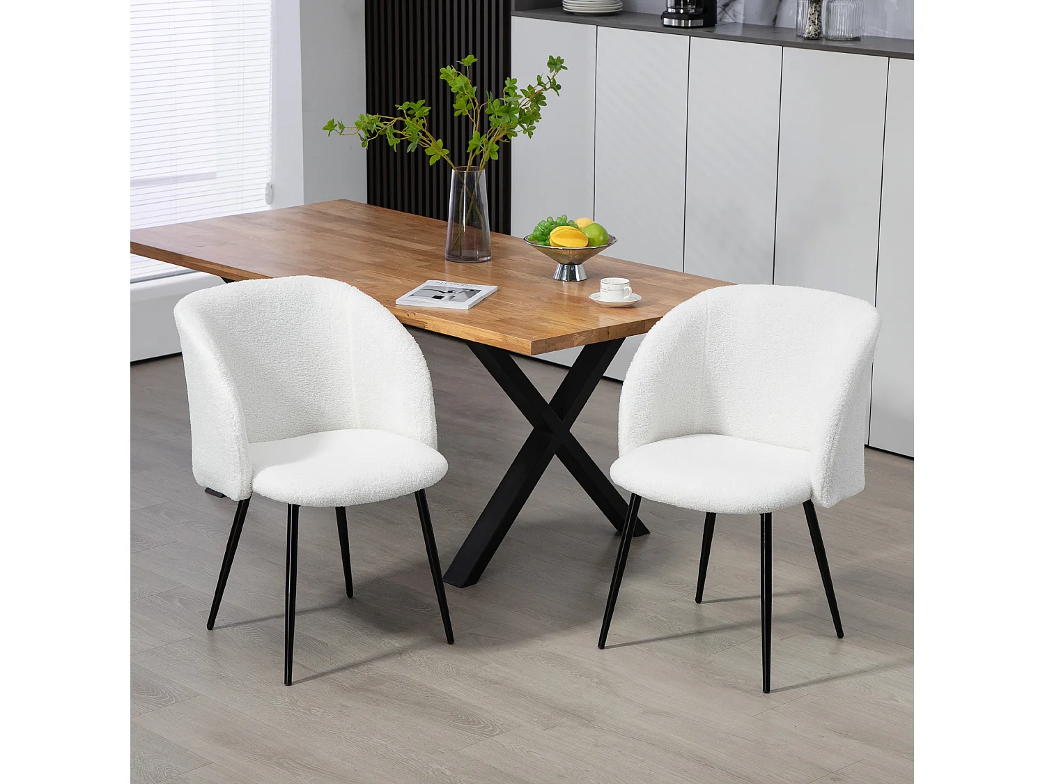 Chaises de visiteur design - lot de 2 chaises - piètement incliné effilé acier noir - revêtement effet laine bouclée blanc