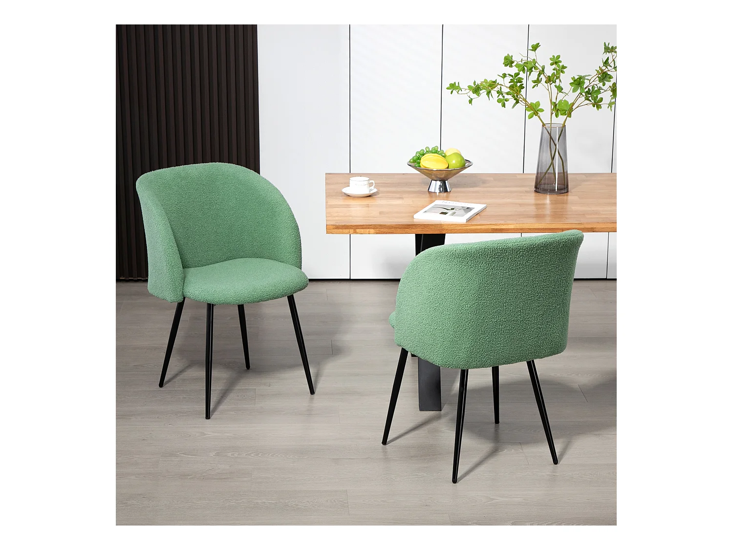 Chaises de visiteur design - lot de 2 chaises - piètement incliné effilé acier noir - revêtement effet laine bouclée vert