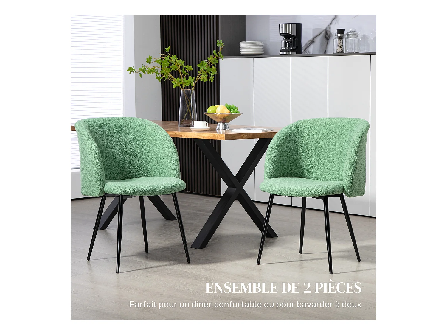 Chaises de visiteur design - lot de 2 chaises - piètement incliné effilé acier noir - revêtement effet laine bouclée vert