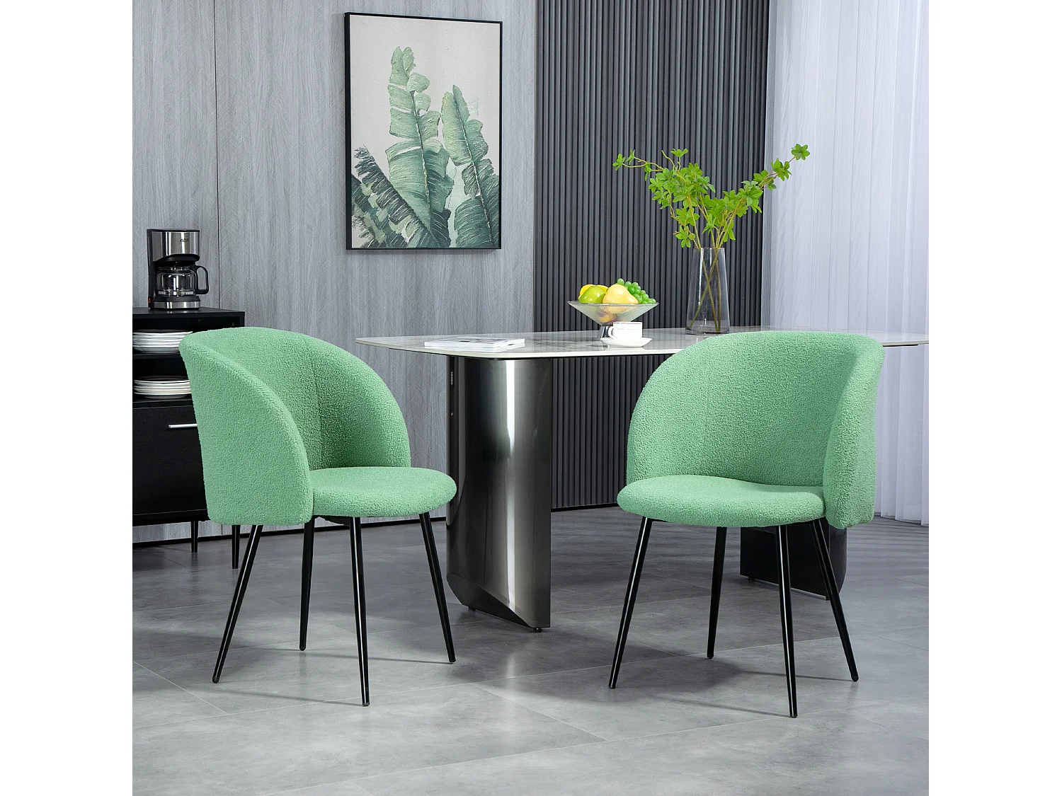 Chaises de visiteur design - lot de 2 chaises - piètement incliné effilé acier noir - revêtement effet laine bouclée vert