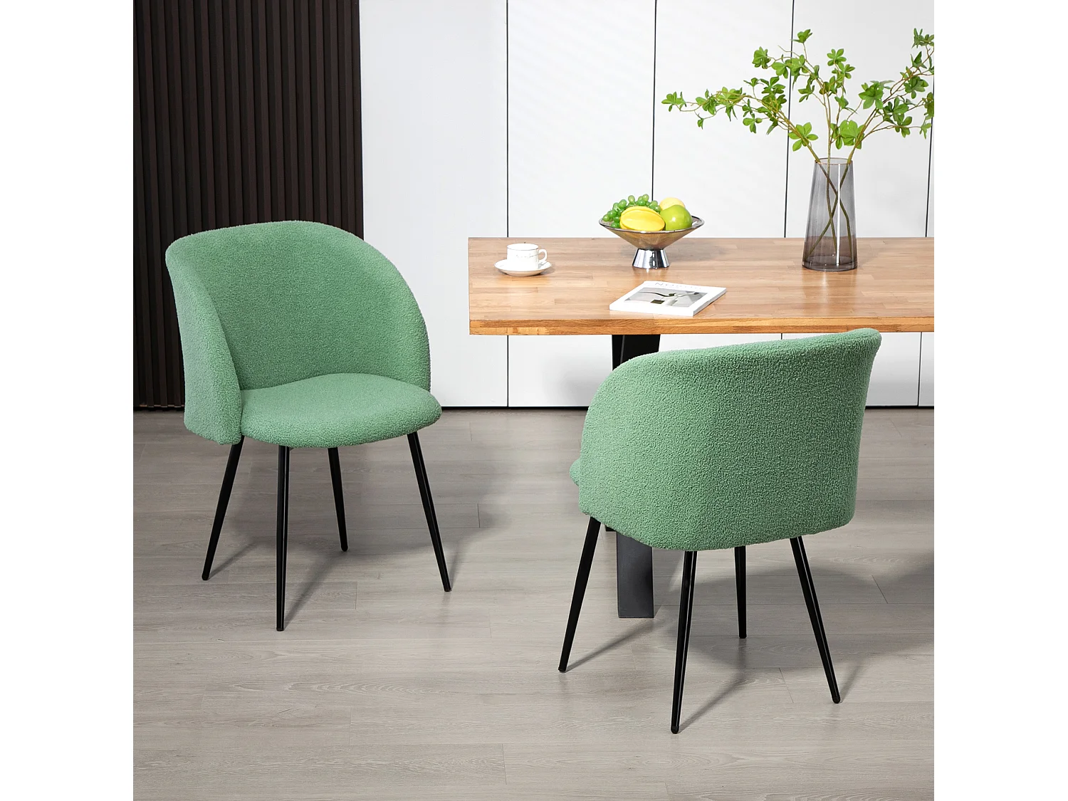 Chaises de visiteur design - lot de 2 chaises - piètement incliné effilé acier noir - revêtement effet laine bouclée vert