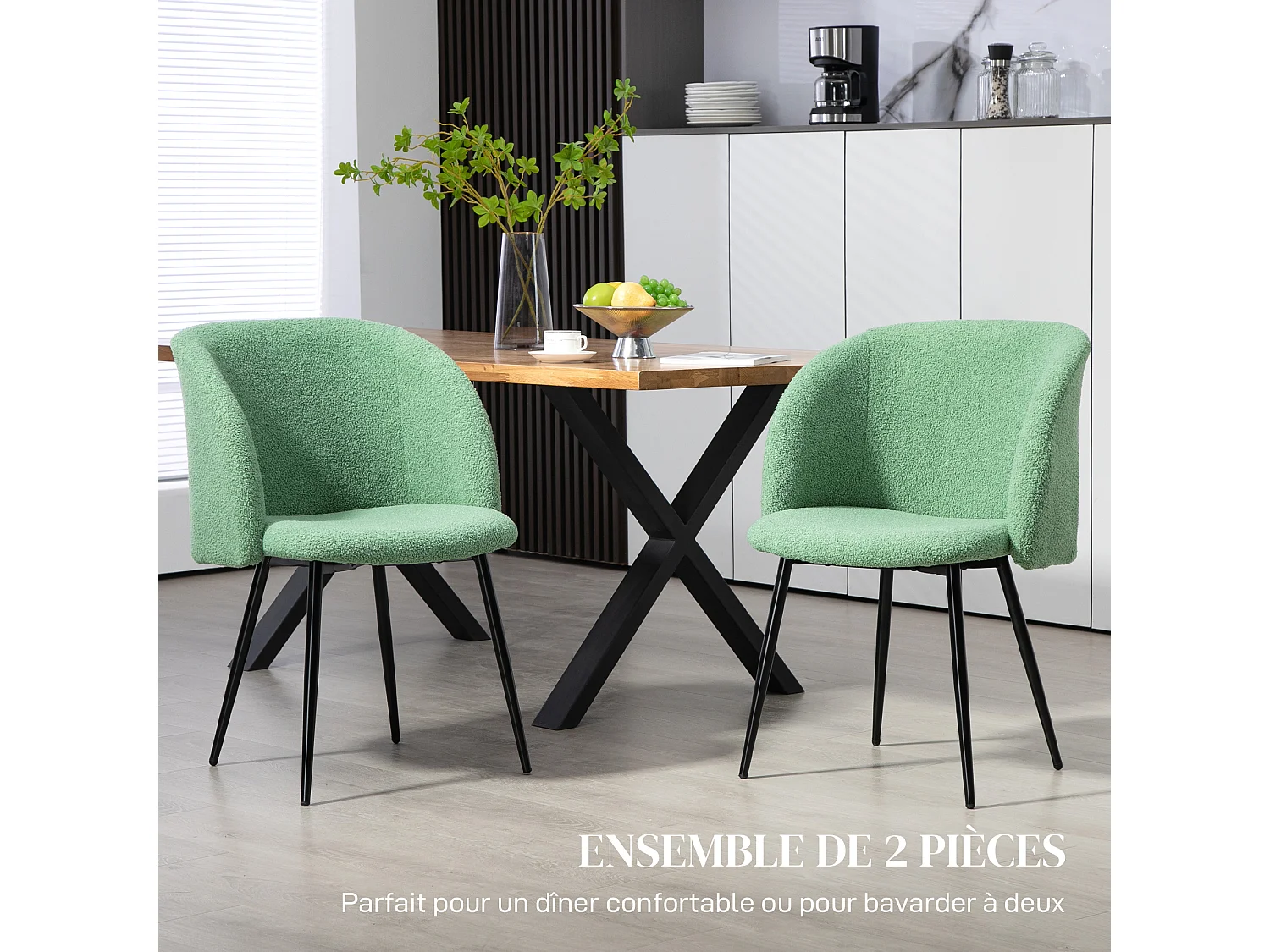 Chaises de visiteur design - lot de 2 chaises - piètement incliné effilé acier noir - revêtement effet laine bouclée vert
