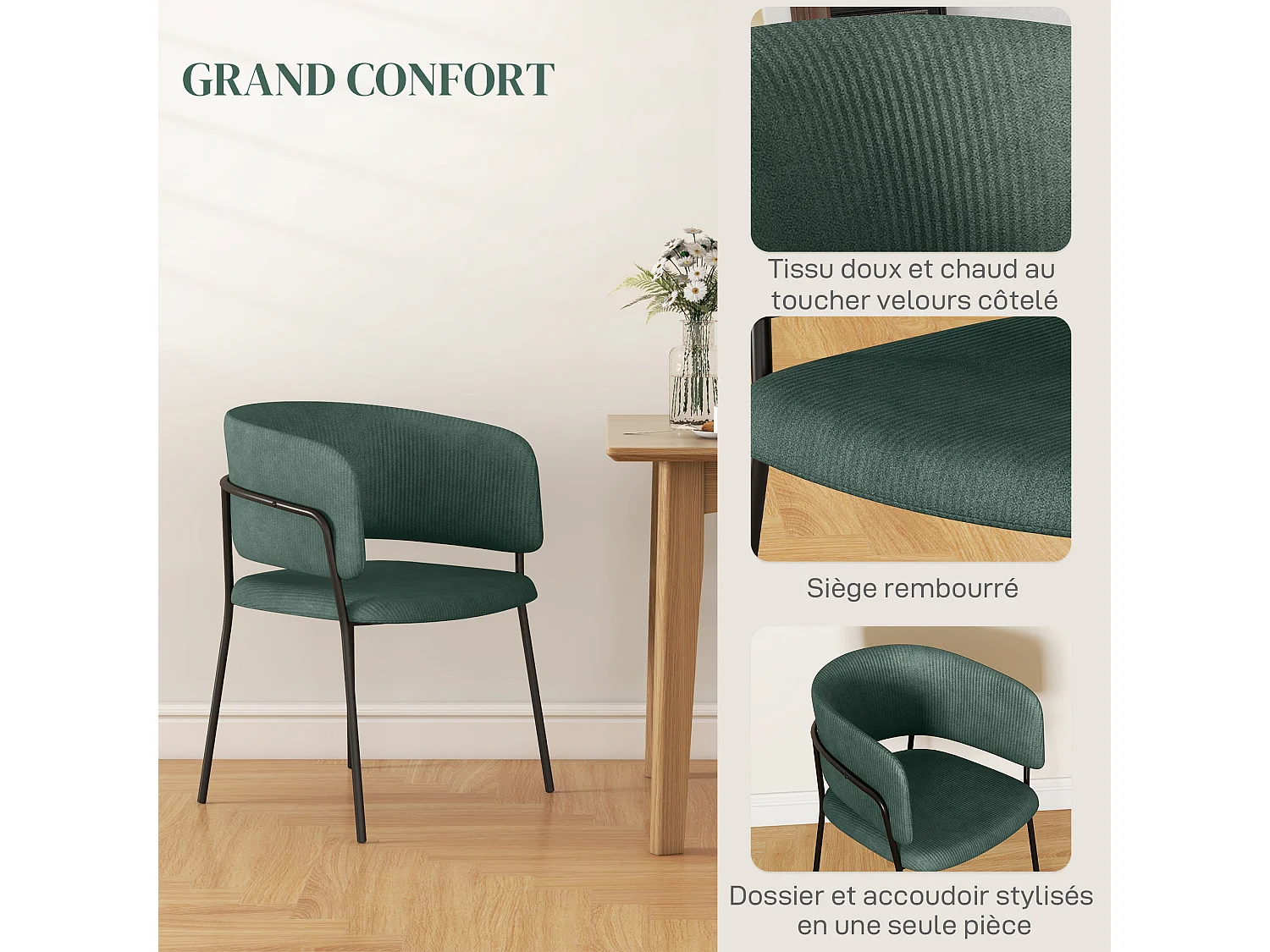 Lot de 2 chaises design piètement acier noir aspect velours vert