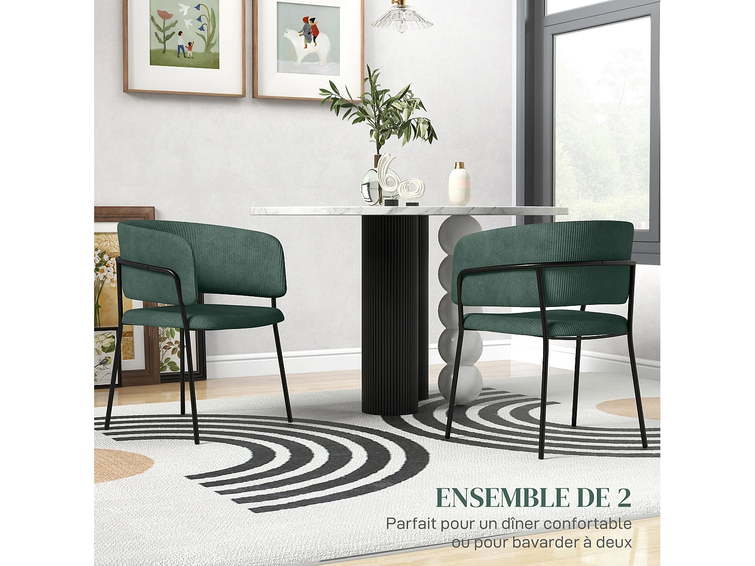 Lot de 2 chaises design piètement acier noir aspect velours vert