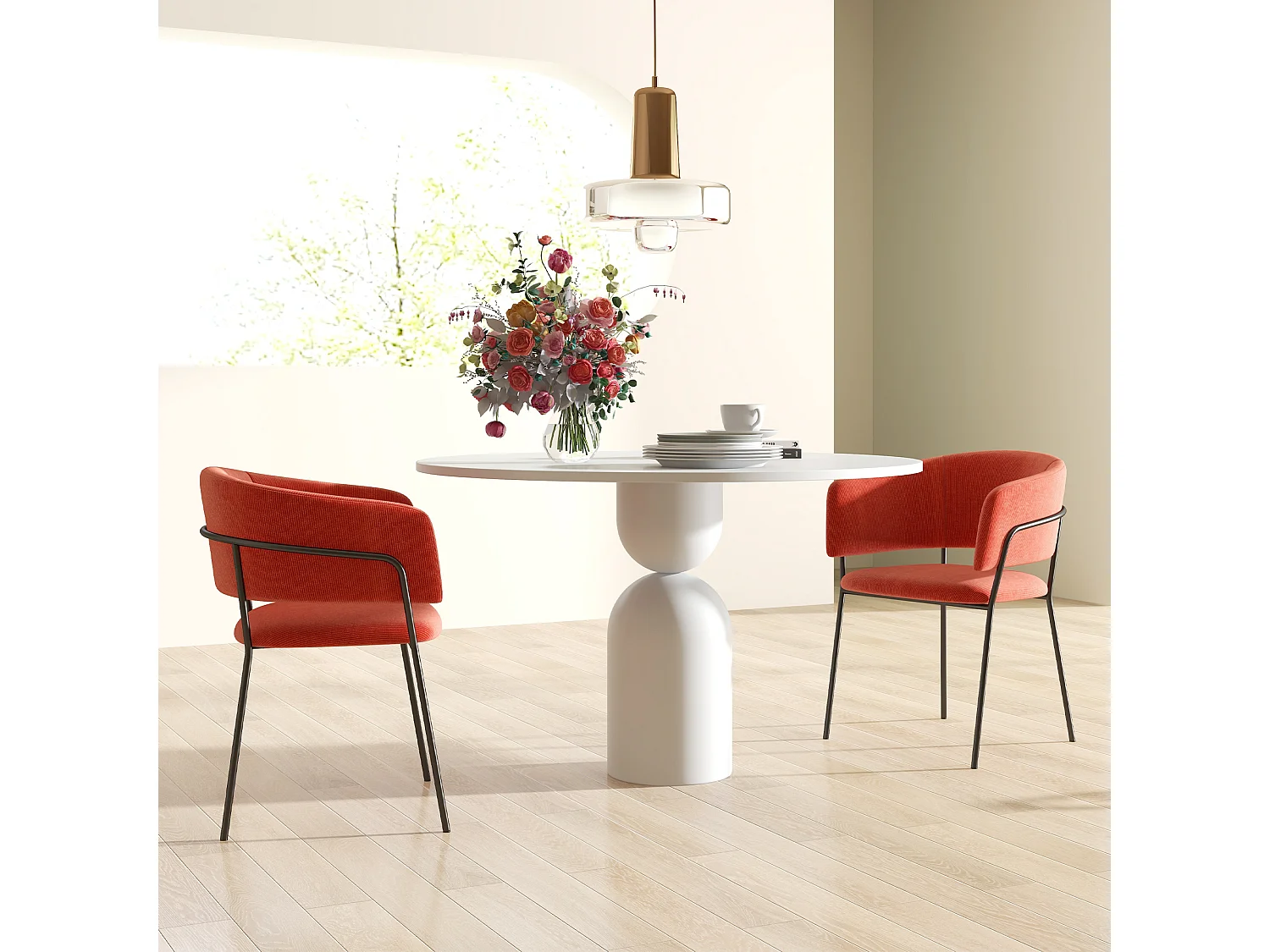 Lot de 2 chaises design piètement acier noir aspect velours orange