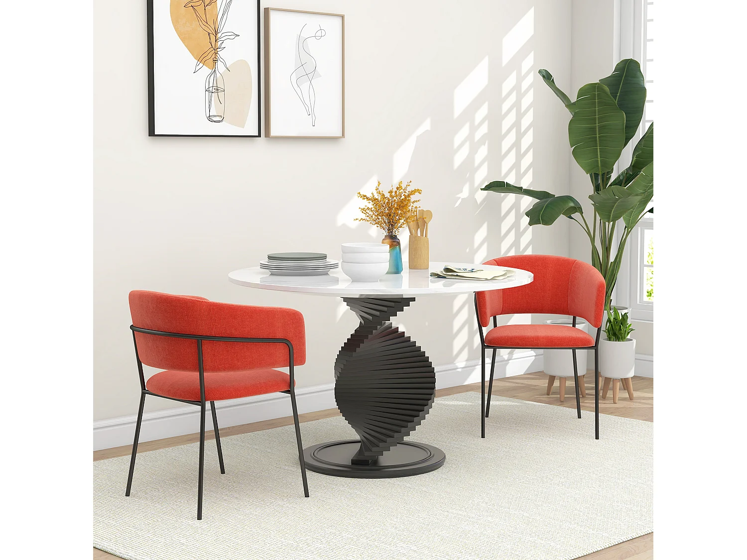 Lot de 2 chaises design piètement acier noir aspect velours orange