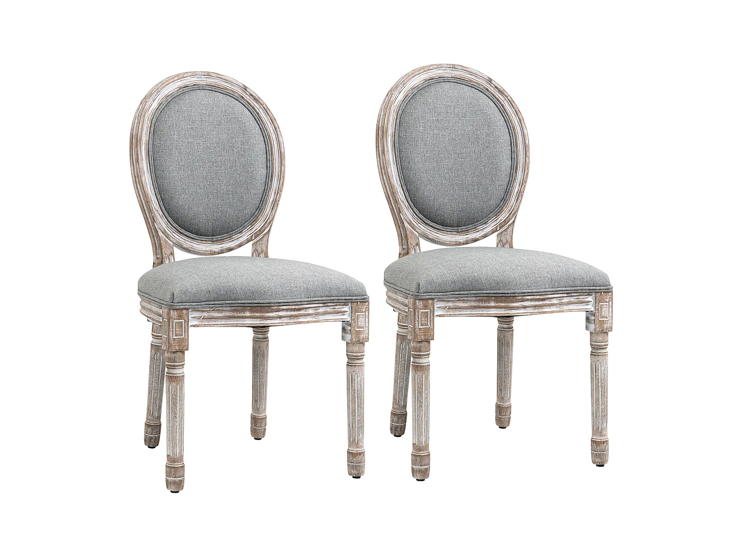 Lot de 2 chaises de salle à manger chaise de salon médaillon style Louis XVI bois sculpté patiné lin gris