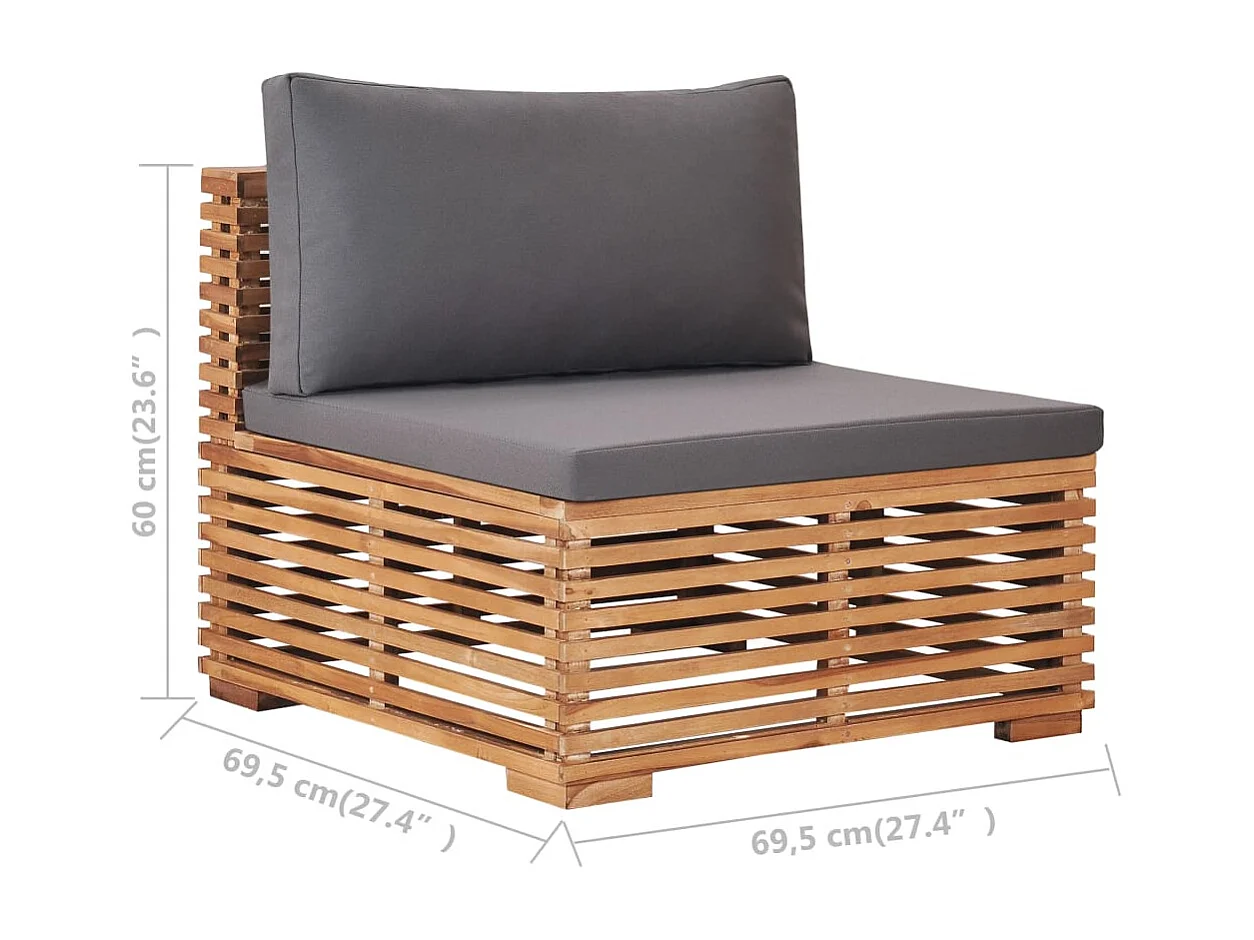 Canapé central de jardin avec coussin gris Bois de teck solide