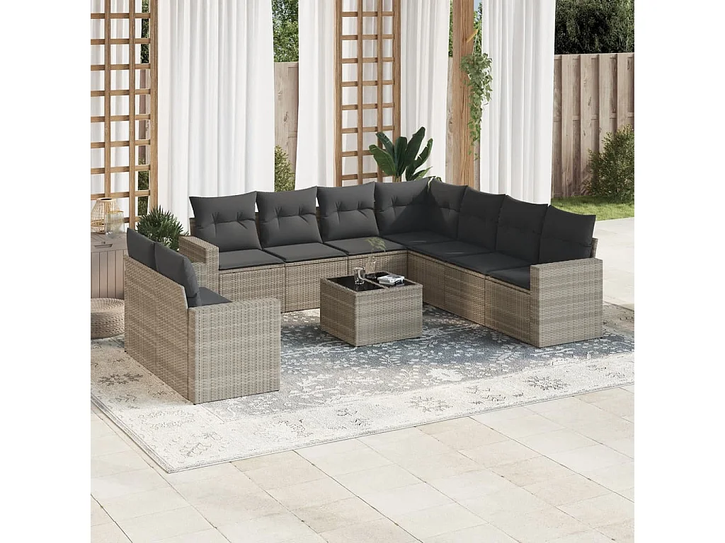 Mobile da giardino con cuscini 10 pz in resina intrecciata grigio chiaro