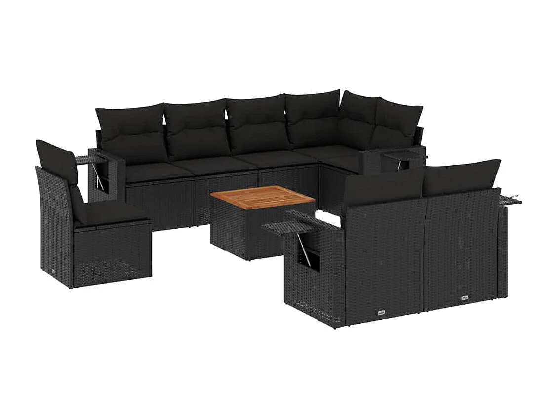 Salon de jardin 9 pcs avec coussins noir résine tressée