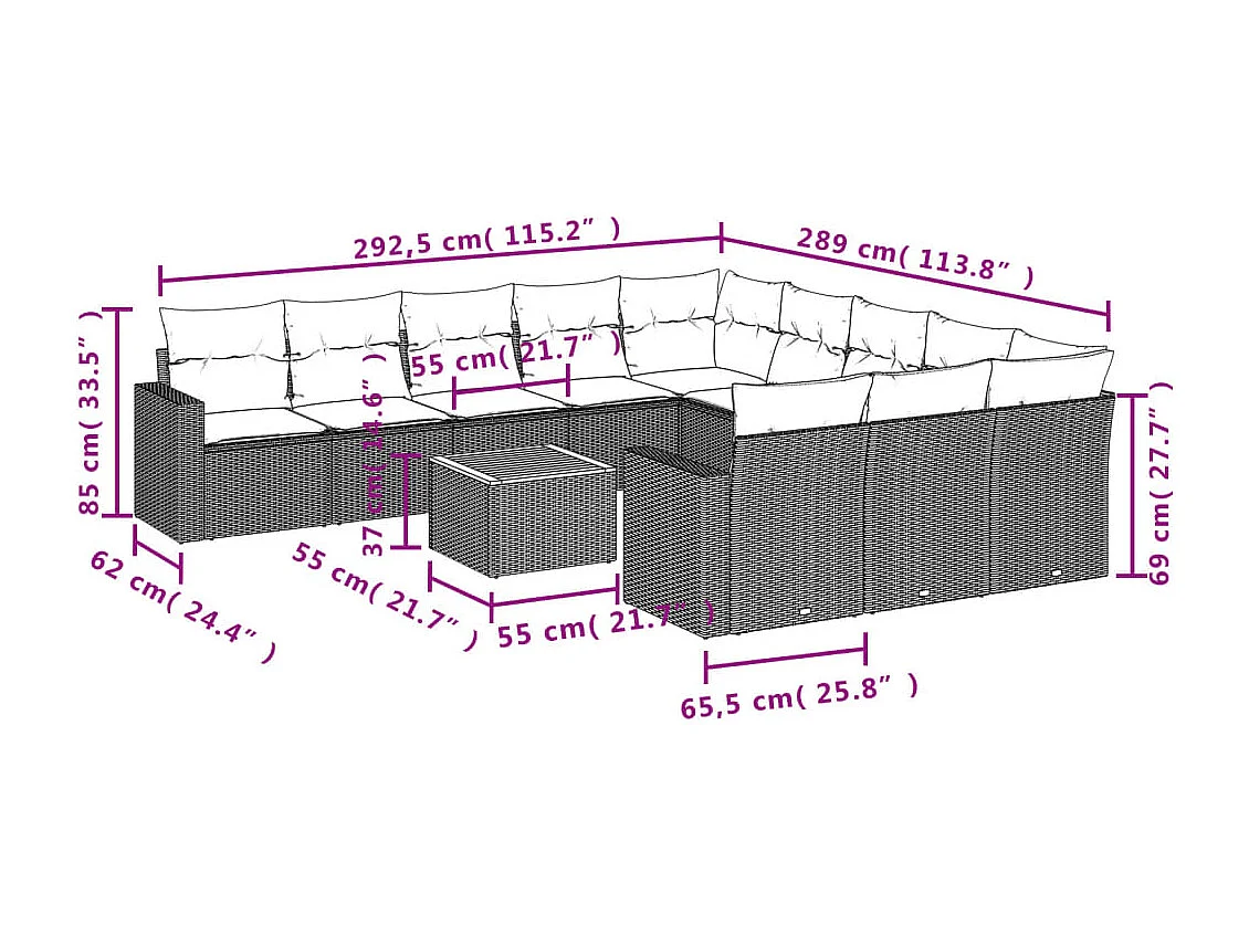 Salon de jardin avec coussins 12 pcs gris résine tressée