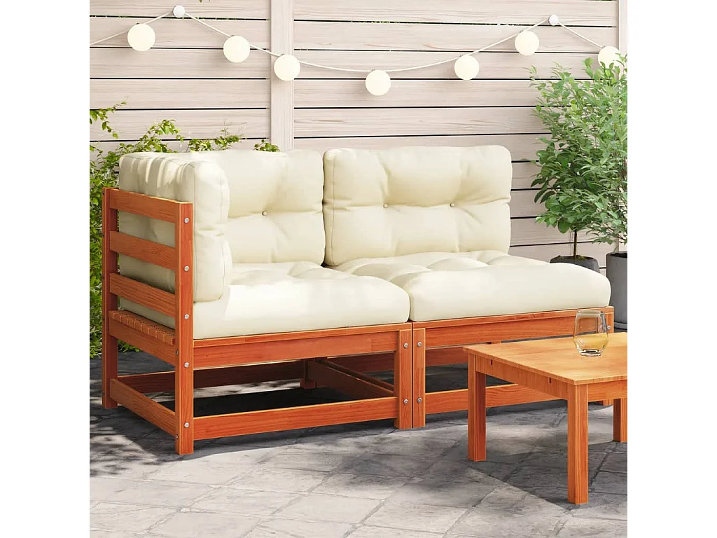 Canapé de jardin coussins 2 places cire marron bois pin massif