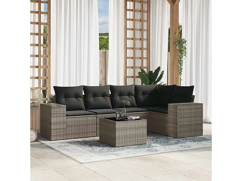 Salon de jardin 6 pcs avec coussins gris résine tressée