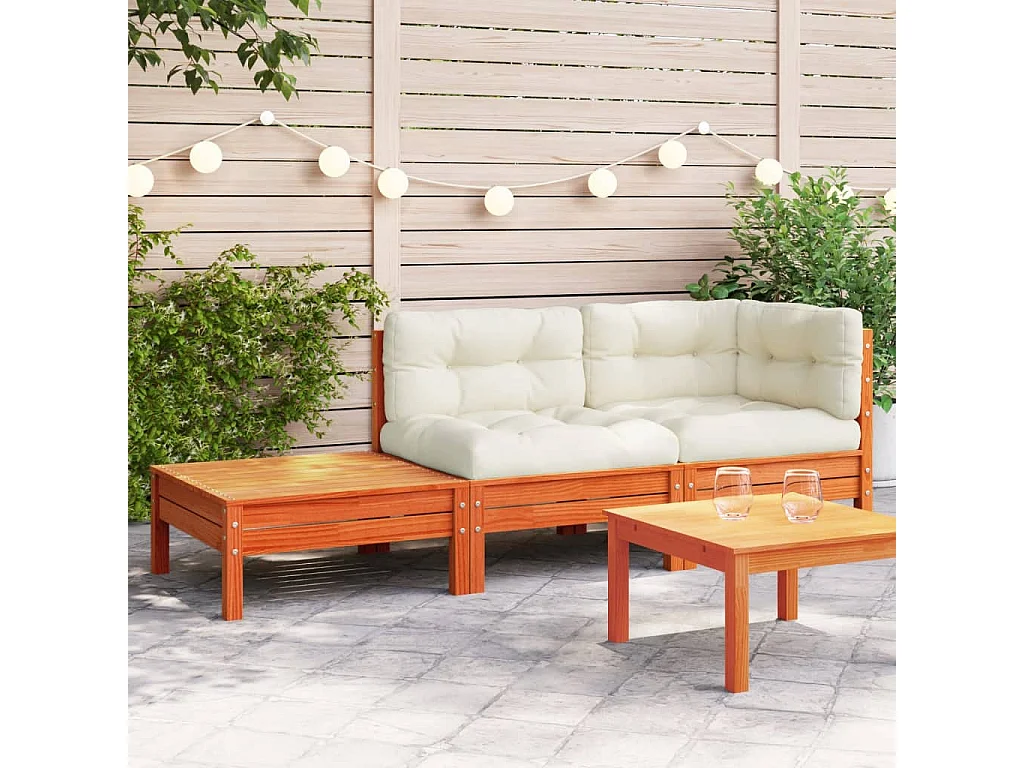 Canapé de jardin avec coussins et repose-pied bois pin massif