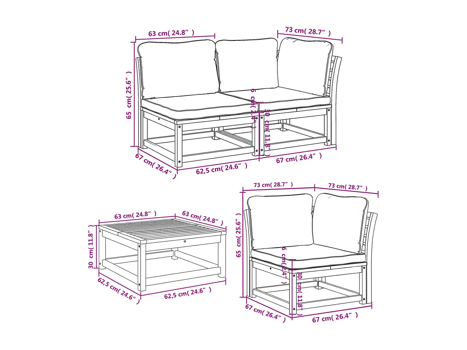 Salon de jardin 6 pcs avec coussins bois d'acacia solide