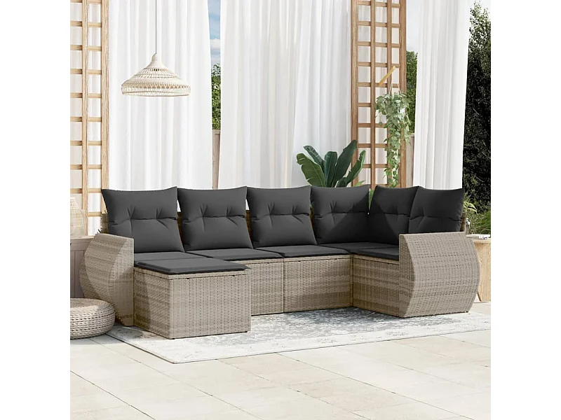 Mobili da giardino 6 pezzi con cuscini in resina intrecciata grigio chiaro