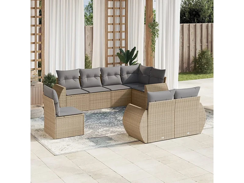 Salon de jardin avec coussins 8 pcs beige résine tressée
