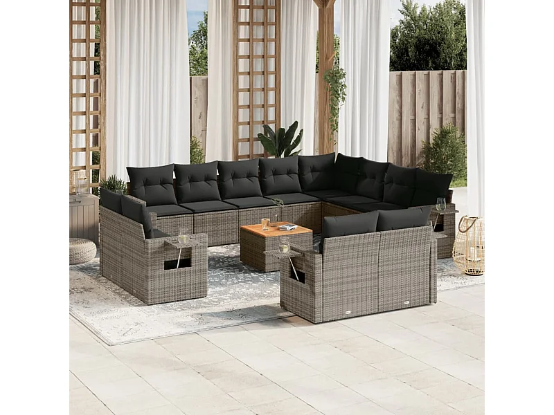 Muebles de jardín con cojines 13 piezas resina tejida gris.