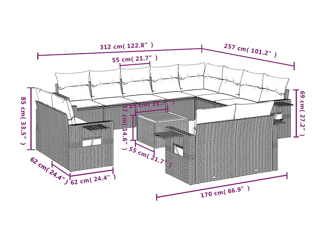 Muebles de jardín con cojines 13 piezas resina tejida gris.