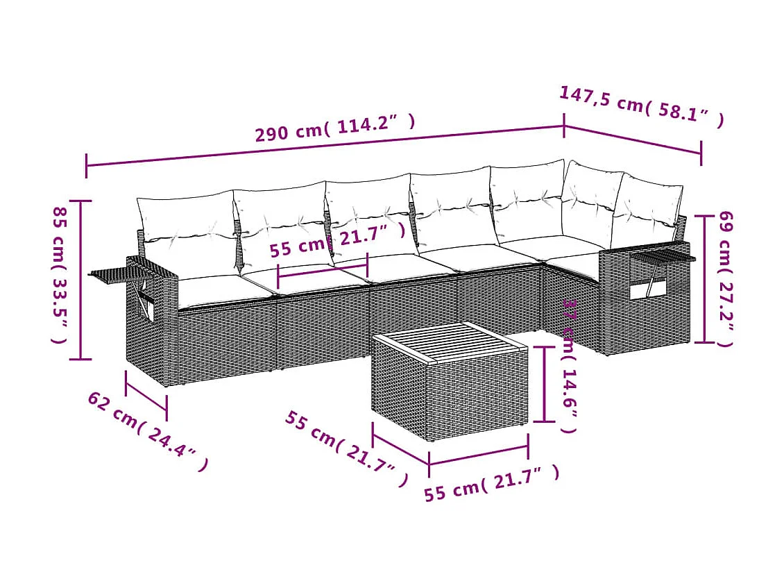 Mobile da giardino con cuscini 7 pz in resina intrecciata beige