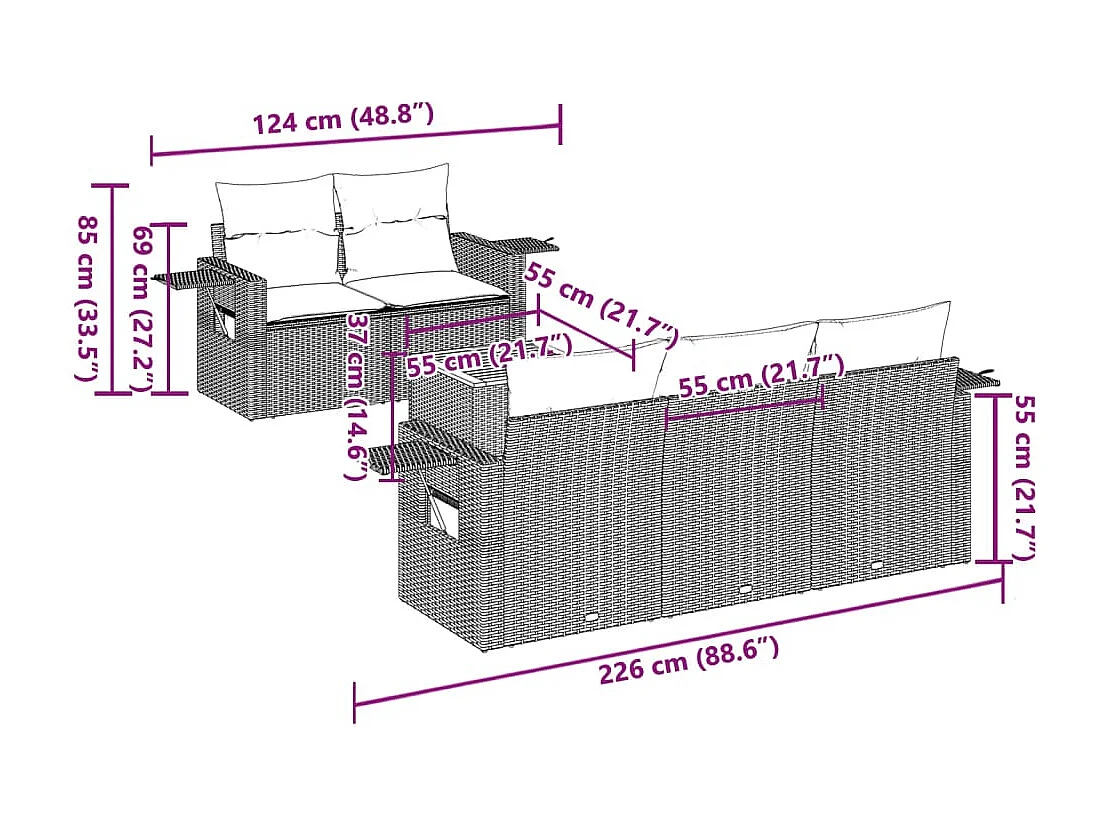 peças de móveis de jardim com almofadas de resina tecida preta