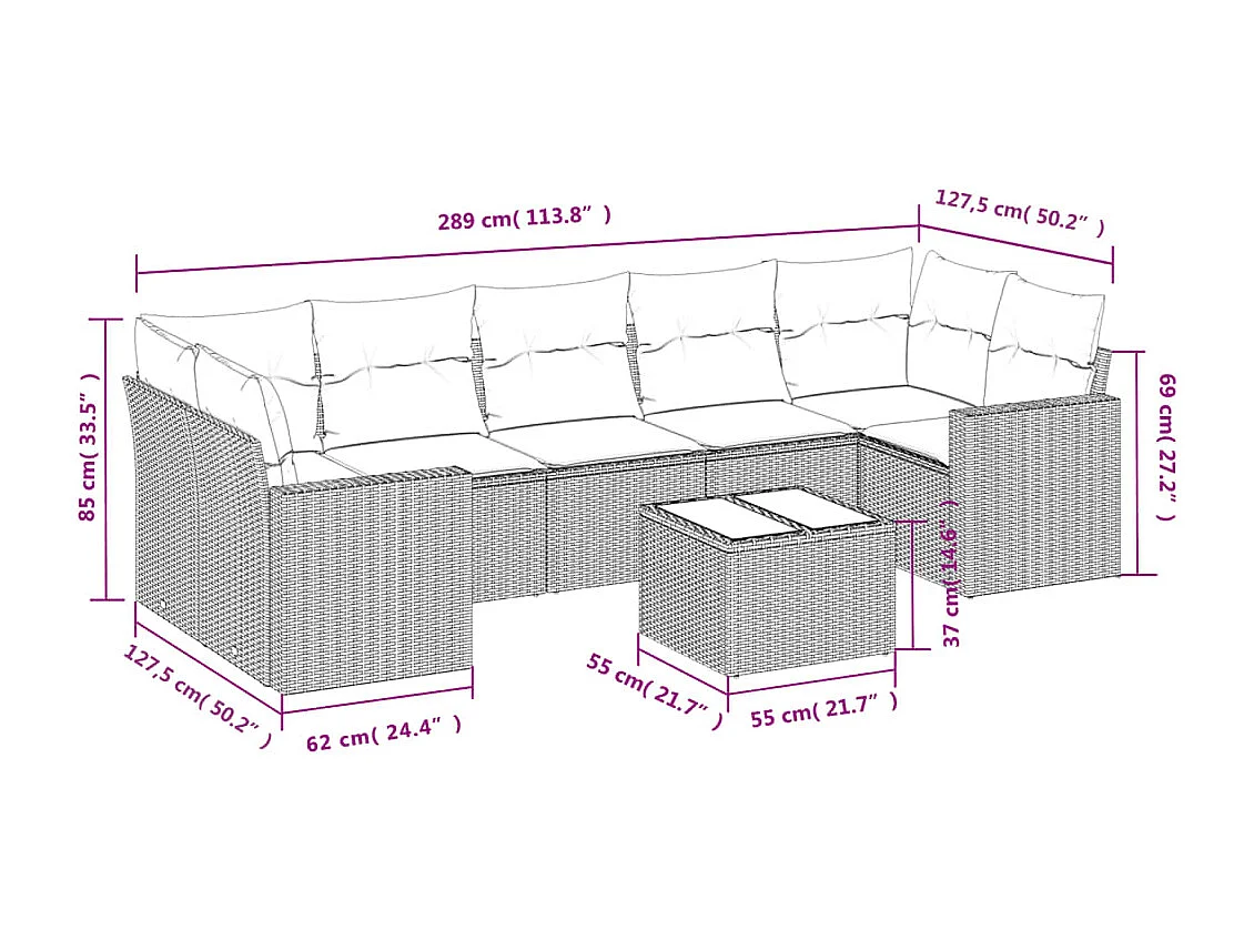 Salon de jardin avec coussins 8 pcs beige résine tressée