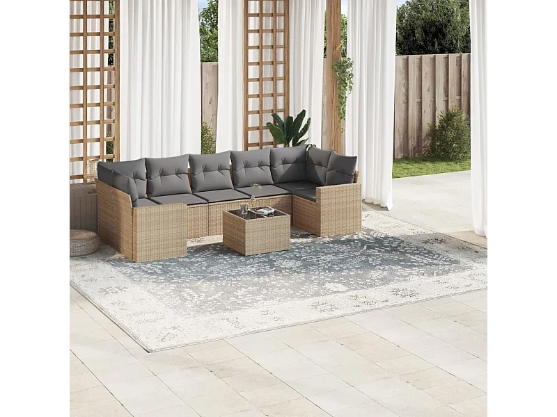 Mobile da giardino con cuscini 8 pz in resina intrecciata beige