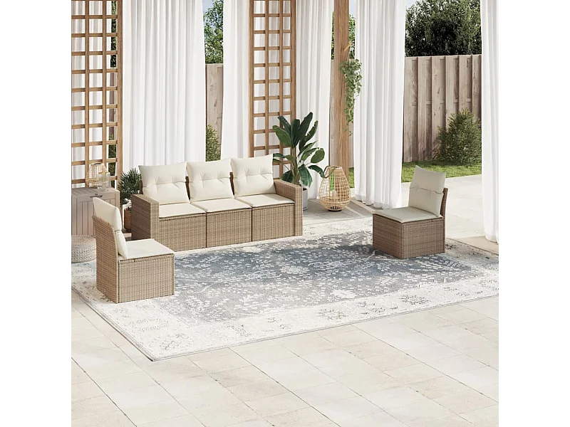 Mobile da giardino con cuscini 5 pz in resina intrecciata beige