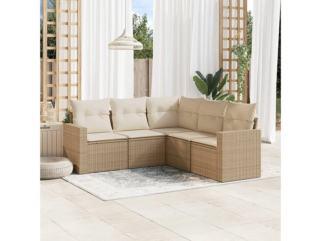 Mobile da giardino con cuscini 5 pz in resina intrecciata beige
